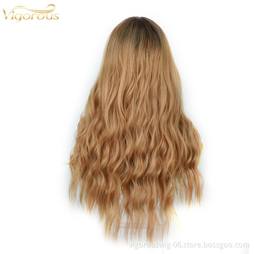 For Black Women Hot Selling Long Body Wave Vendor Ombre Light Blonde Dark Root Heat Resistant Fiber Synthetic Lace Hair Wigs